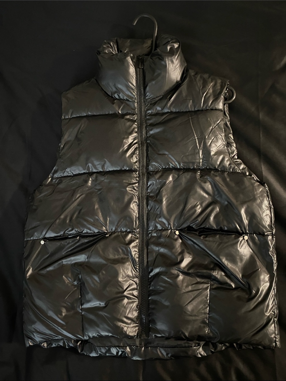 Men's Black Quilted Shiny Puffer Vest with High Collar (medium)